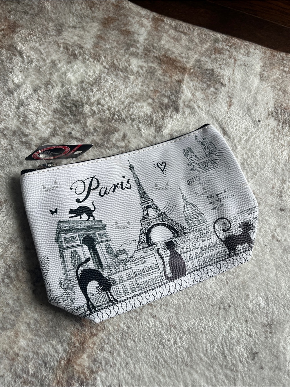 Paris Cat Printed Zip Pouch - White with Black Print